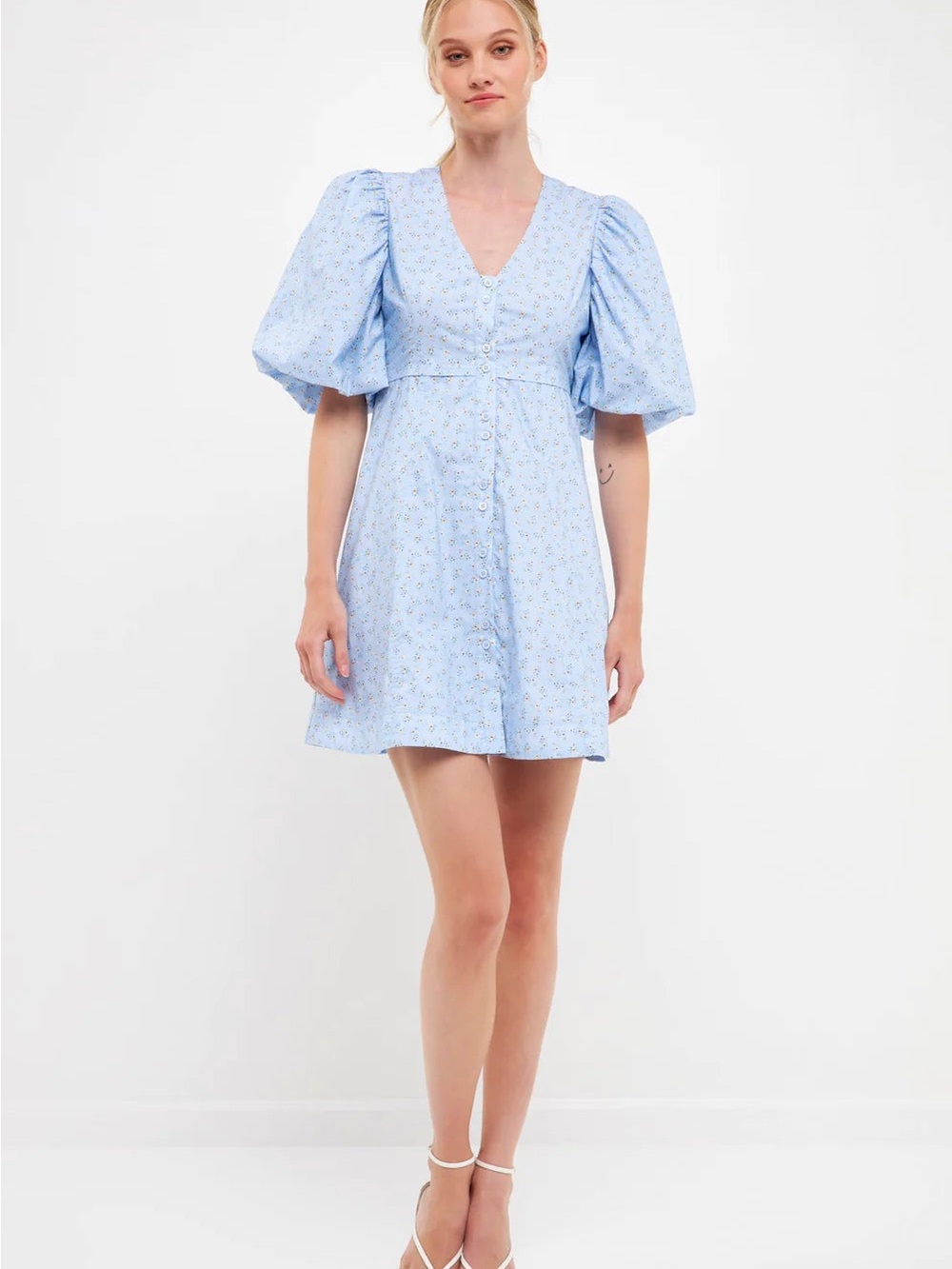 Endless Rose Light Blue Puff Sleeve V-Neck Mini Dress - size L